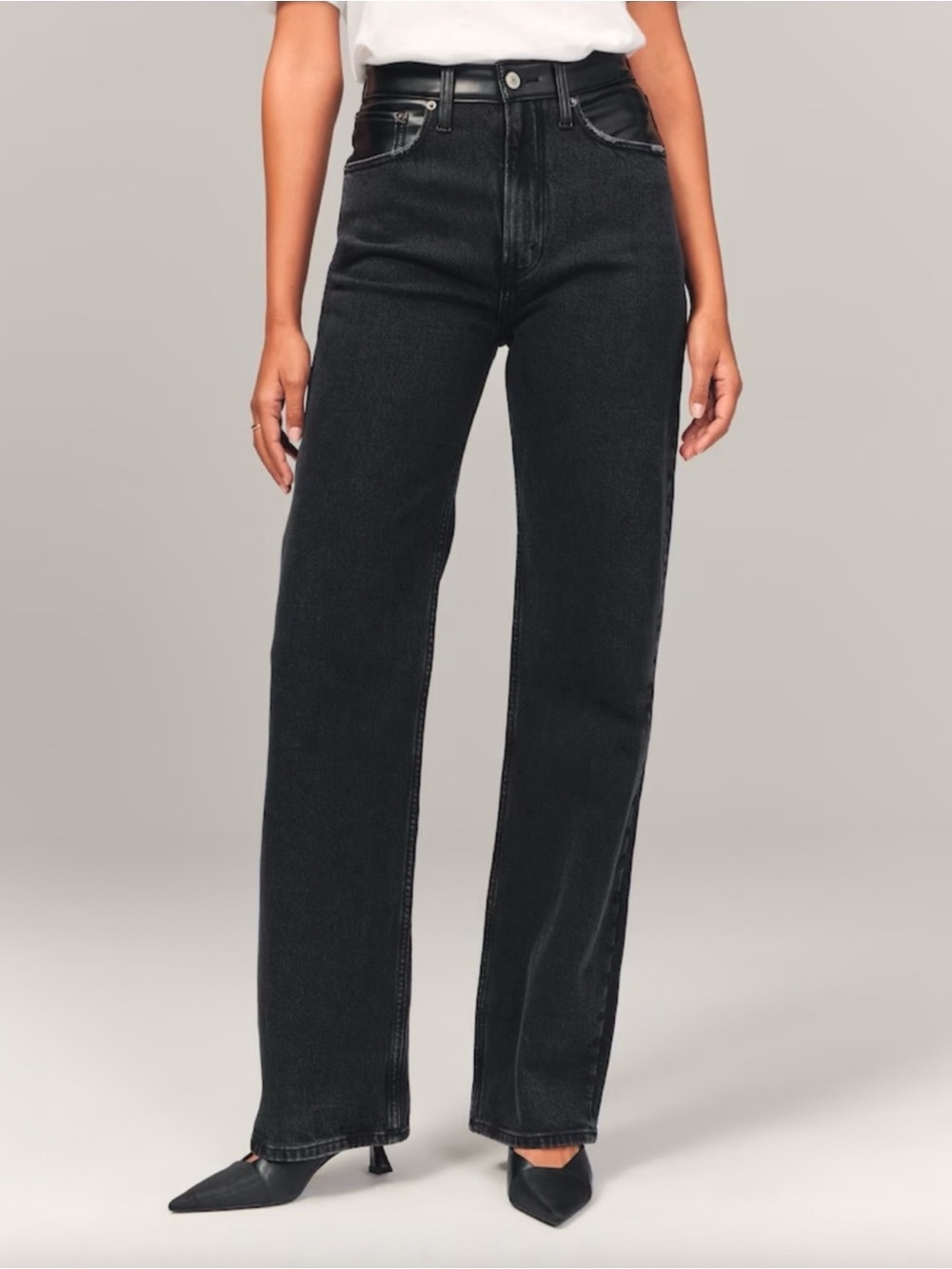 ABERCROMBIE & FITCH High-Rise Straight-Leg Faux Leather Back Jeans in black 22